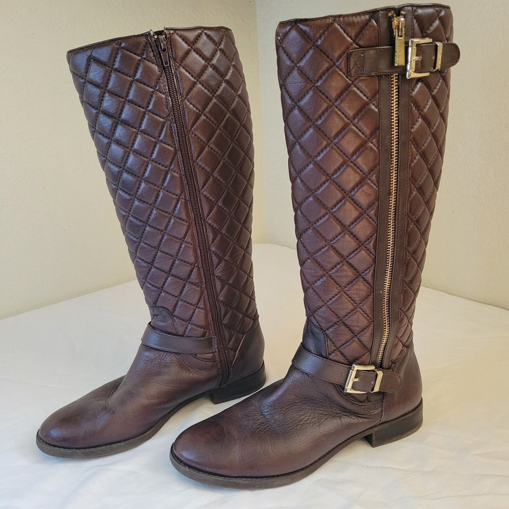 Vince Camuto Brown Quilted Leather Tall Riding Boots Full Zip Knee High 9.5